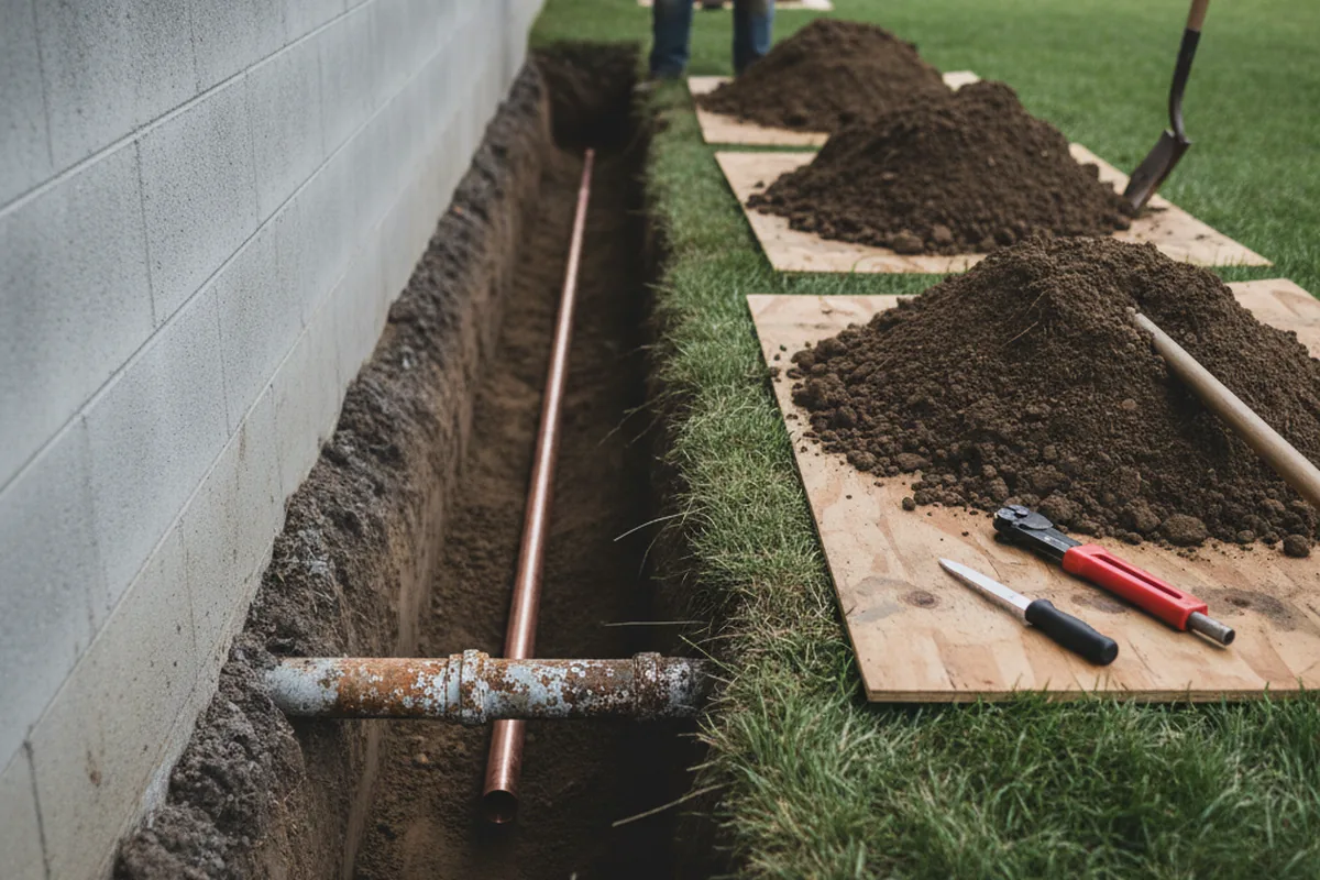 Excavated water line trench during Water Softener Installation in Hodges